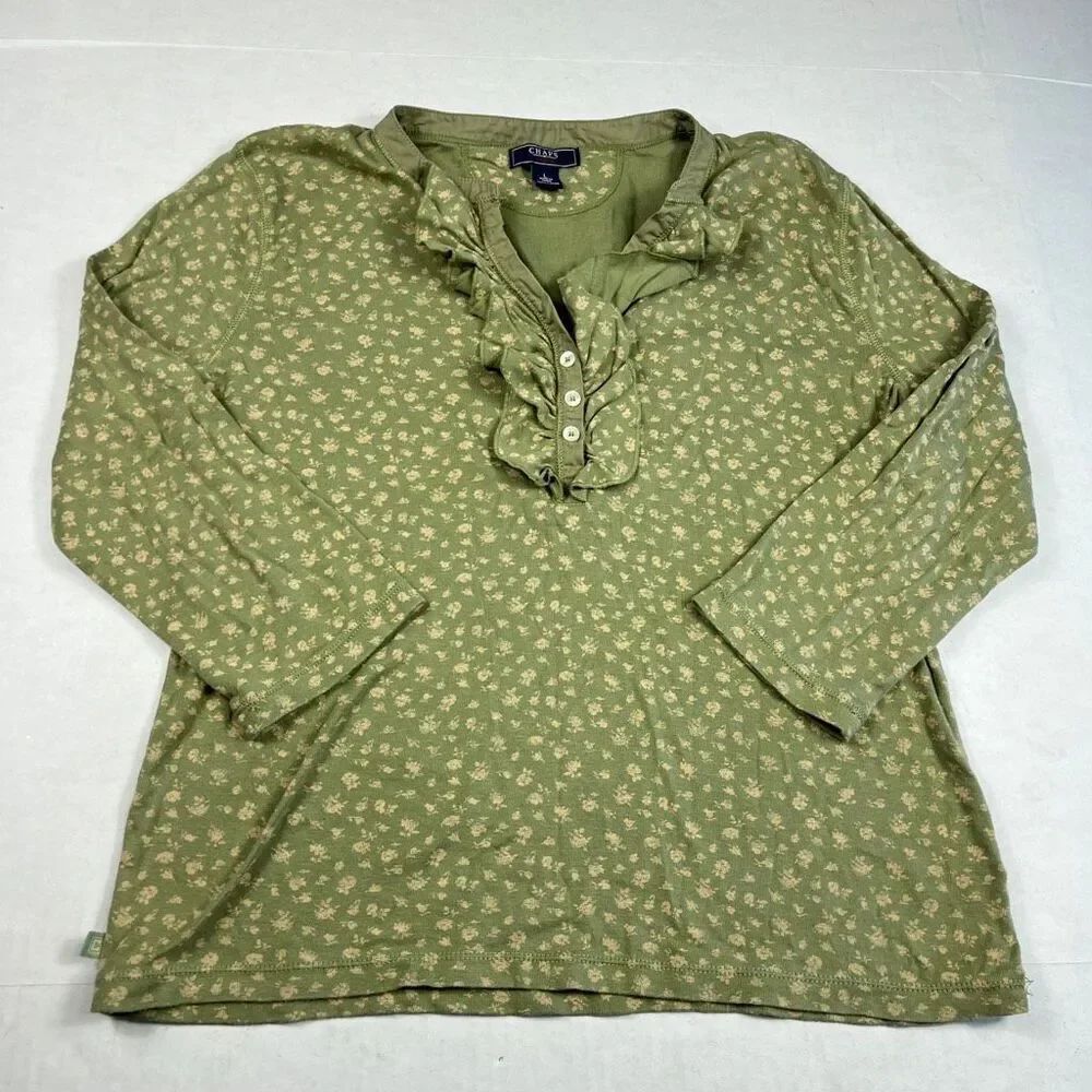 Chaps Henley Ruffle Shirt Green Floral Boho Cottagecore Casual Preppy Top L FLAW